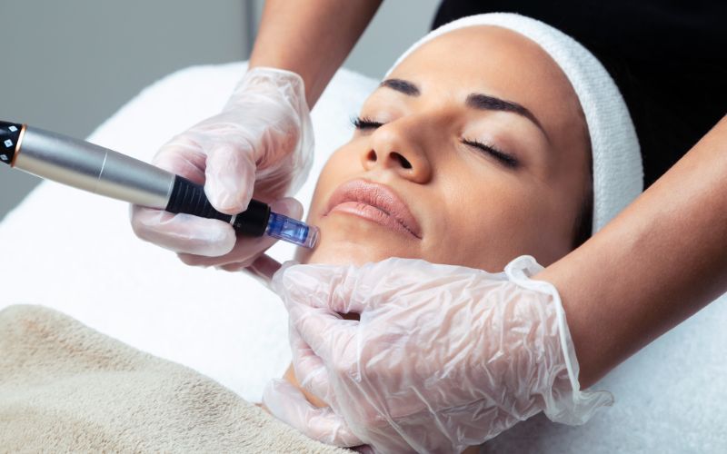 Microneedling met dermapen 4 Vrouw ondergaat een microneedling behandeling voor een strakkere en gladdere huid met minder rimpels